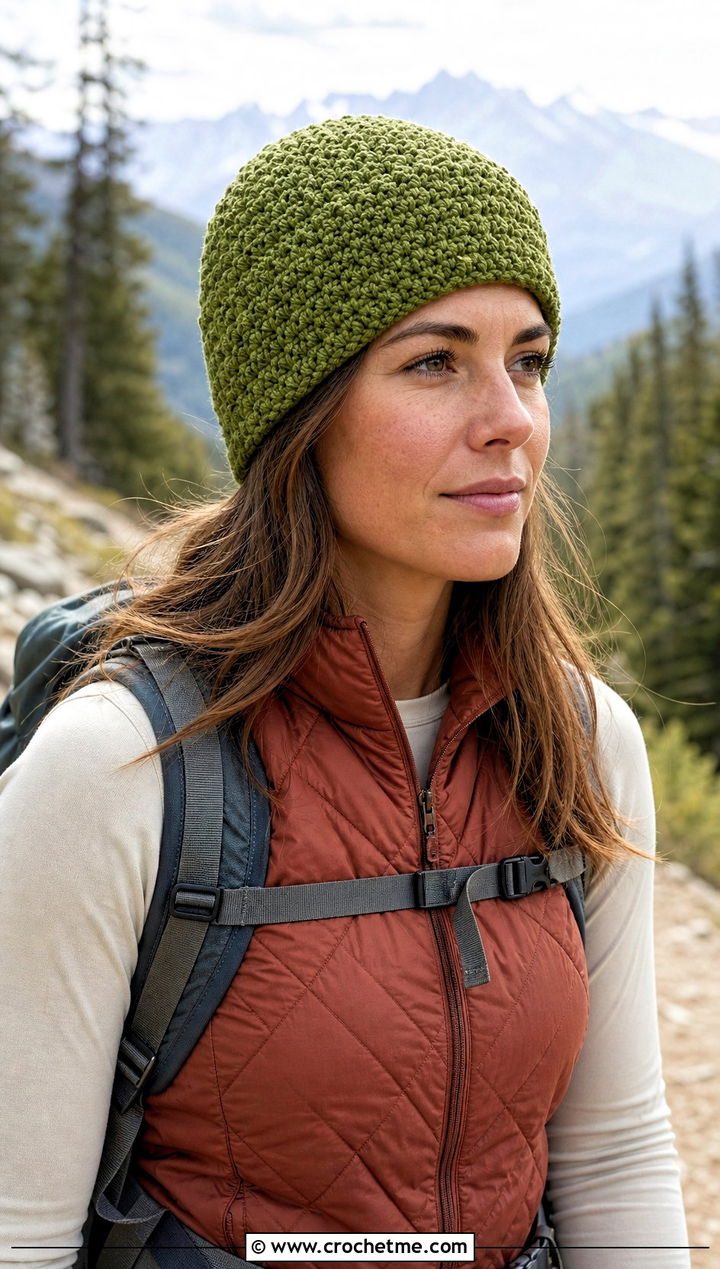 Alpine Stitch Long Crochet Hat With Hiking Outfit - 30 crochet long hat outfit ideas