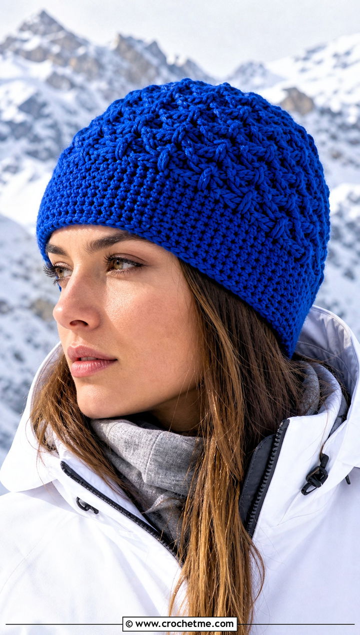 Alpine Stitch Magic Circle Crochet Beanie With Ski Jacket - 25 Crochet Beanie Magic Circle outfit ideas