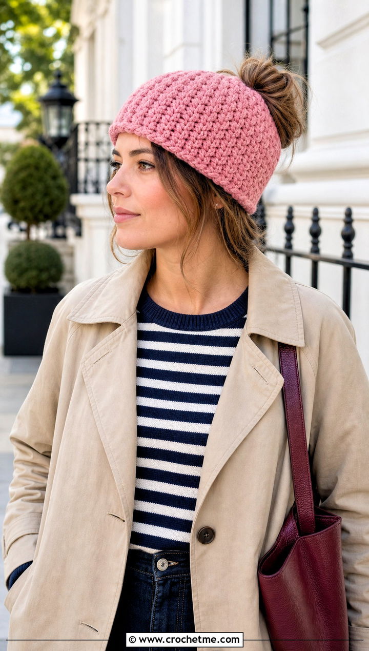 Alpine Stitch Messy Bun Crochet Hat With Trench Coat - 25 Easy Messy Bun Crochet Hat outfit ideas