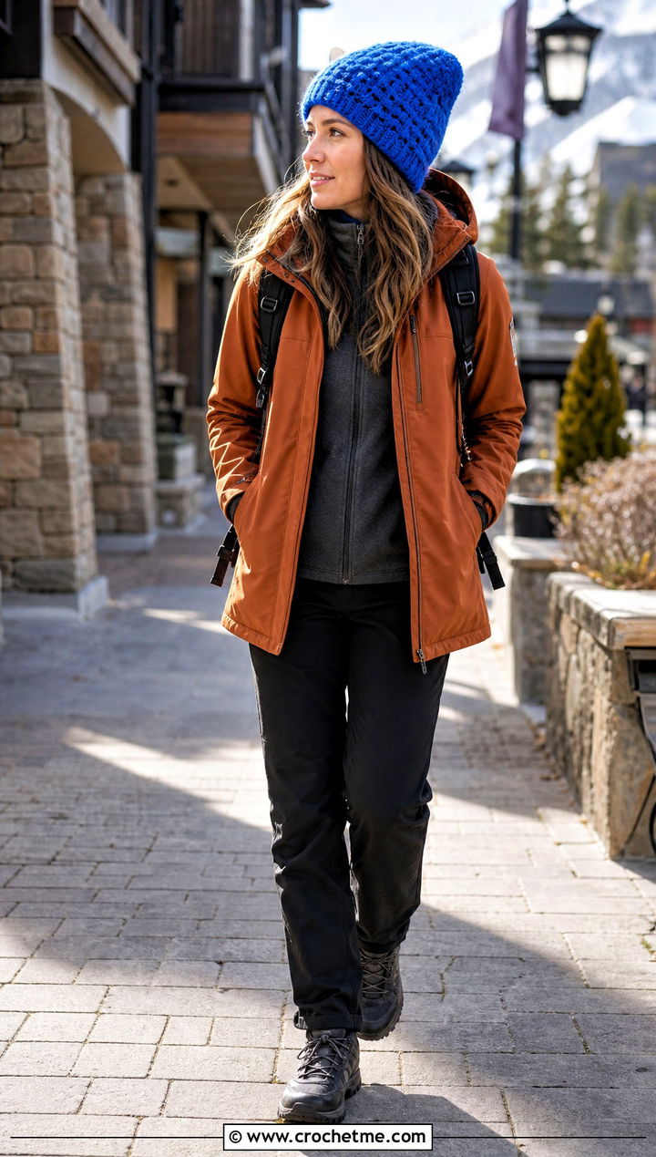 Alpine Stitch Mohair Crochet Beanie With Parka And Hiking Pants - 35 mohair crochet beanie outfit ideas