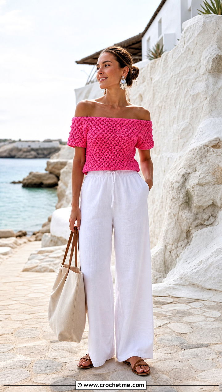Alpine Stitch Off Shoulder Top With Linen Trousers - 25 Alpine Stitch Crochet Top outfit ideas