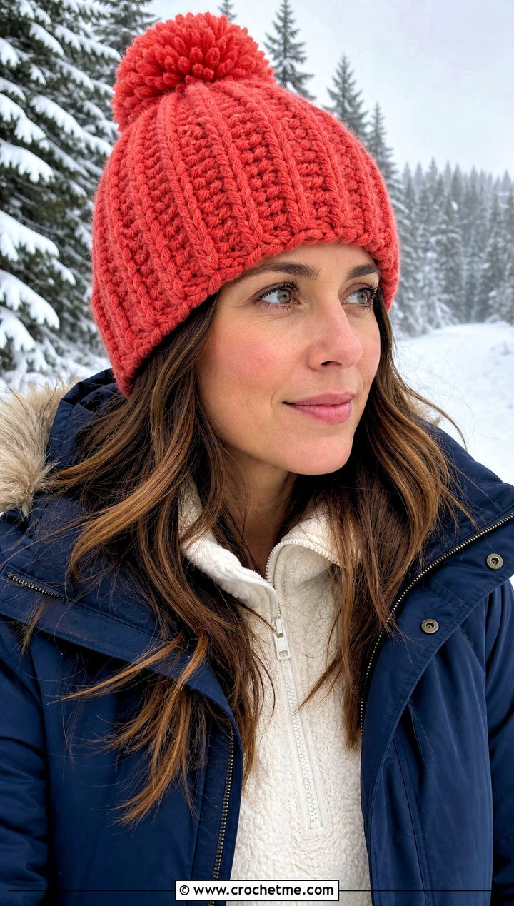 Alpine Stitch Pom Pom Beanie With Parka - 30 crochet beanie with pom pom outfit ideas