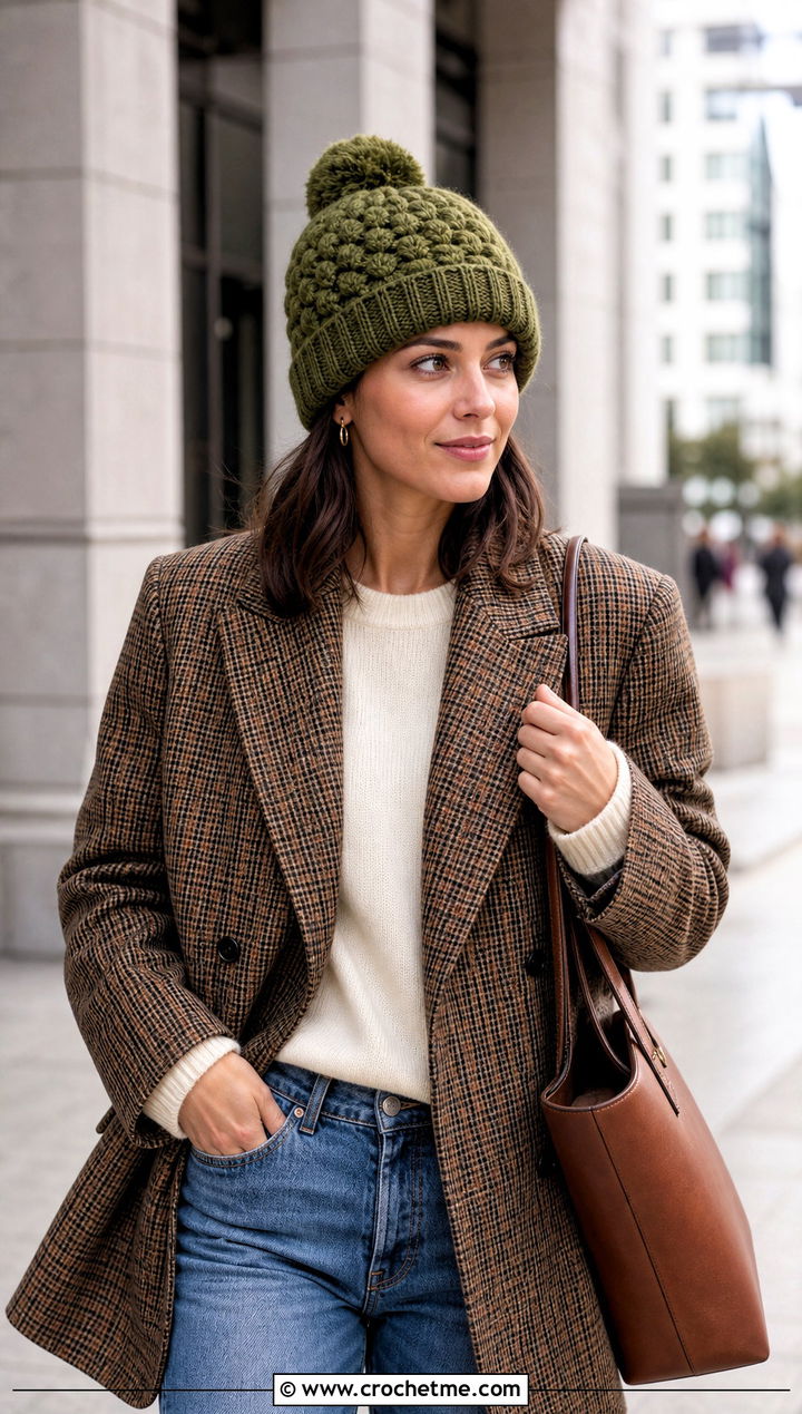 Alpine Stitch Pom Pom Crochet Hat With Blazer And Straight Jeans - 30 crochet hat with pom pom outfit ideas