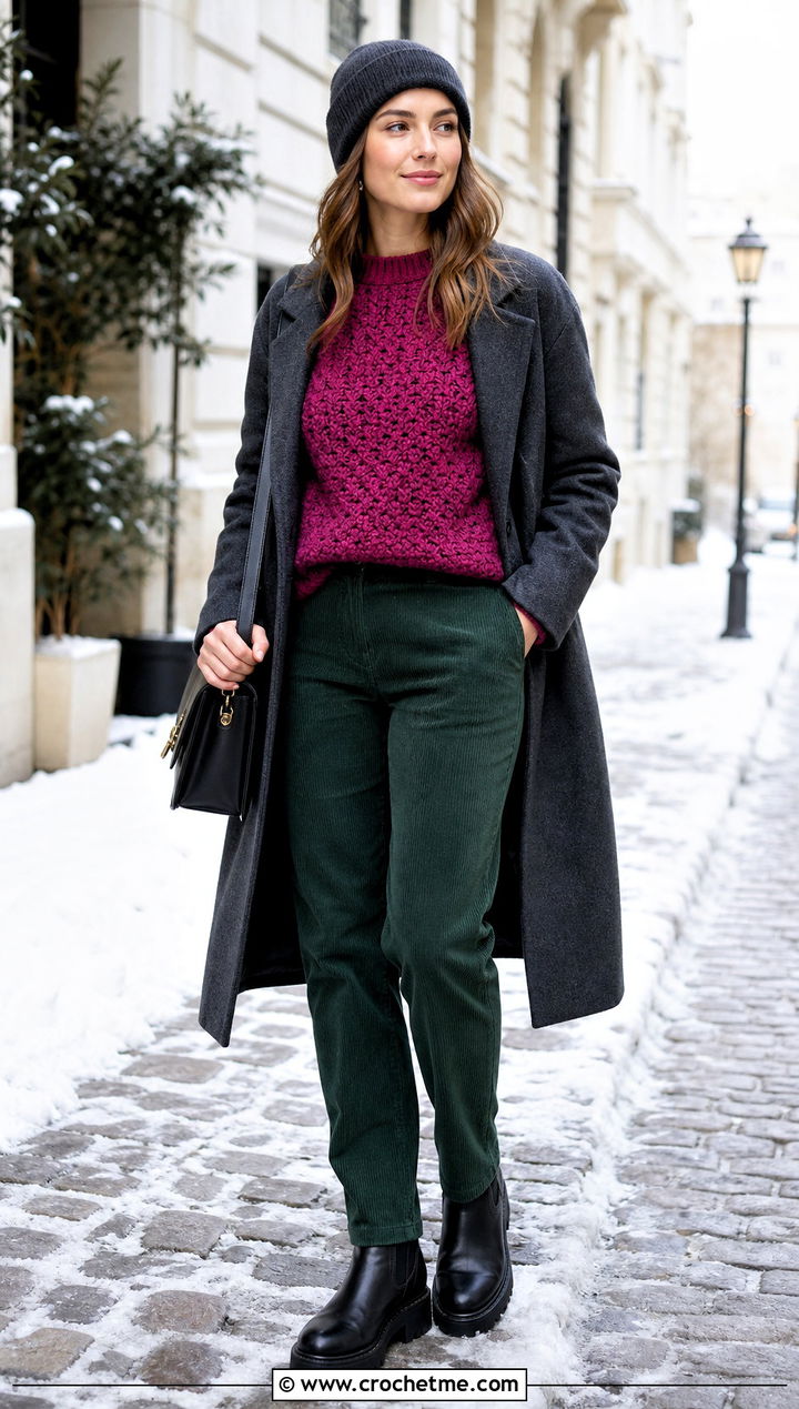 Alpine Stitch Raglan Sweater Top With Corduroy Pants - 25 Alpine Stitch Crochet Top outfit ideas