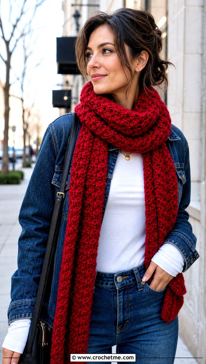 Alpine Stitch Red Crochet Scarf With Denim Jacket - 25 taylor swift red crochet scarf outfit ideas