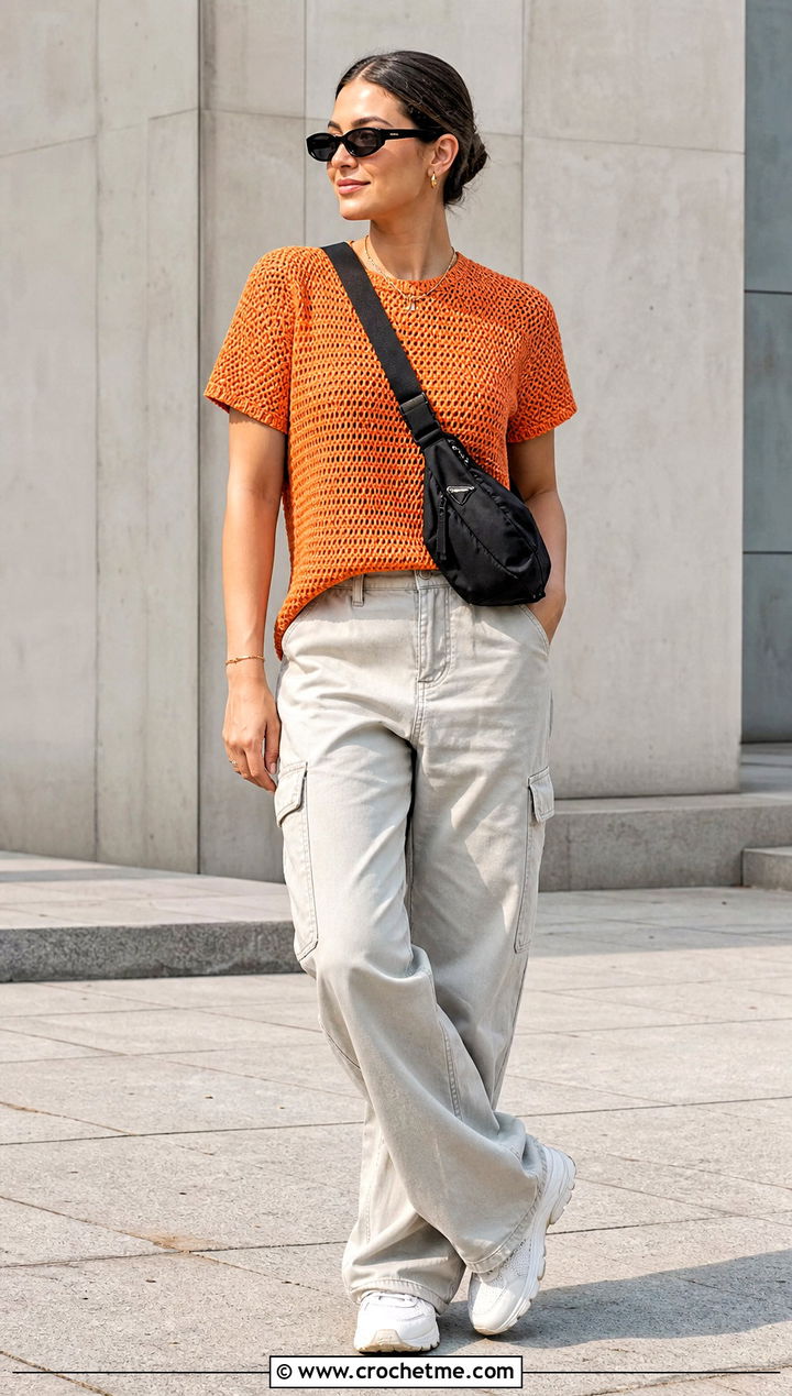Alpine Stitch Short Sleeve Tee With Cargo Pants - 25 Alpine Stitch Crochet Top outfit ideas