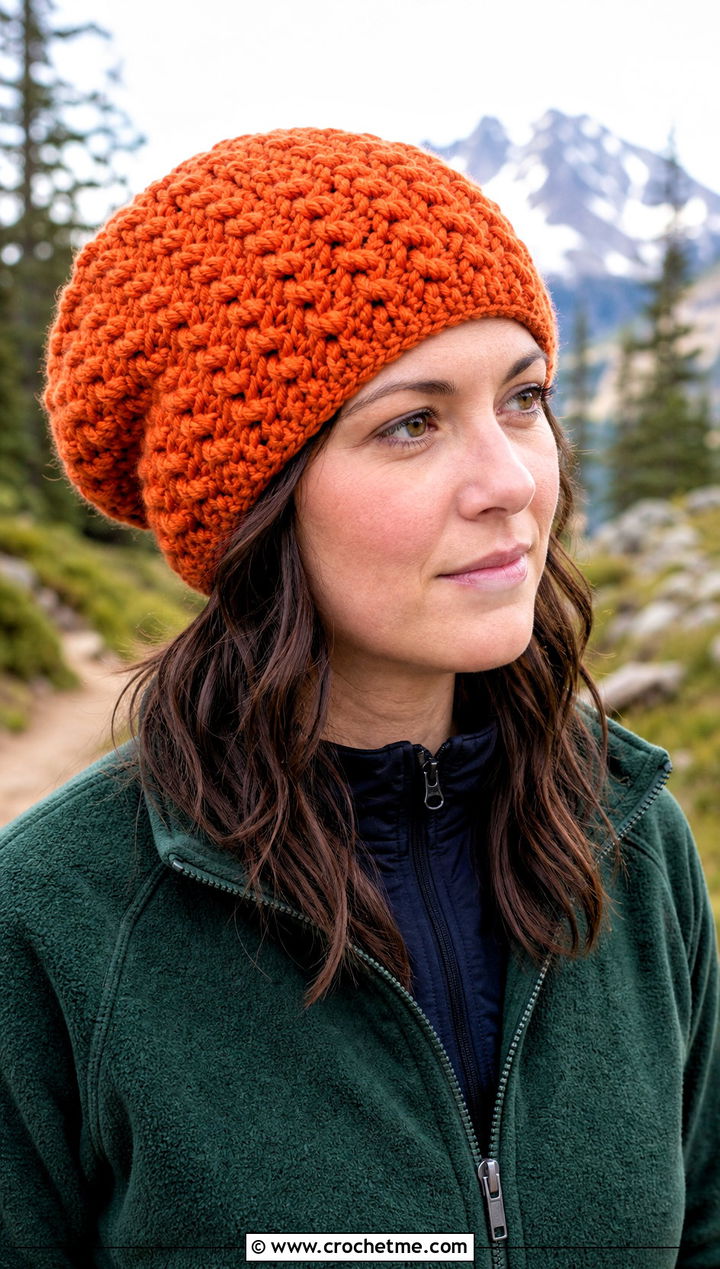 Alpine Stitch Slouch Crochet Beanie With Fleece Jacket - 30 slouch crochet beanie outfit ideas