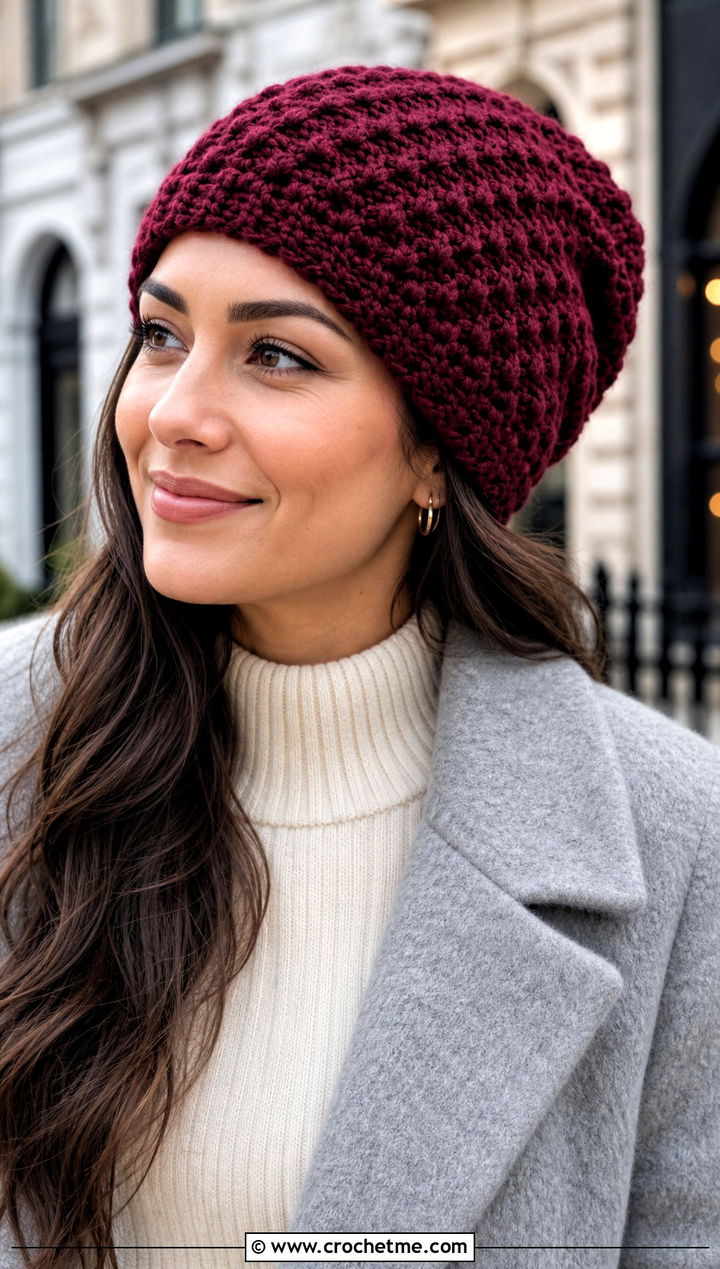 Alpine Stitch Slouchy Crochet Beanie With Sweater Dress - 25 Easy Slouchy Crochet Beanie outfit ideas