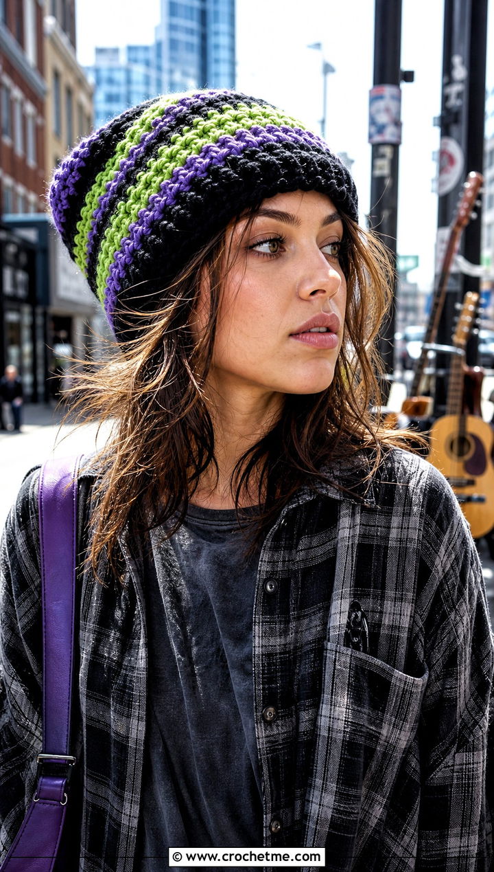 Alpine Stitch Striped Crochet Beanie With Flannel Shirt - 15 Crochet Striped Beanies outfit ideas