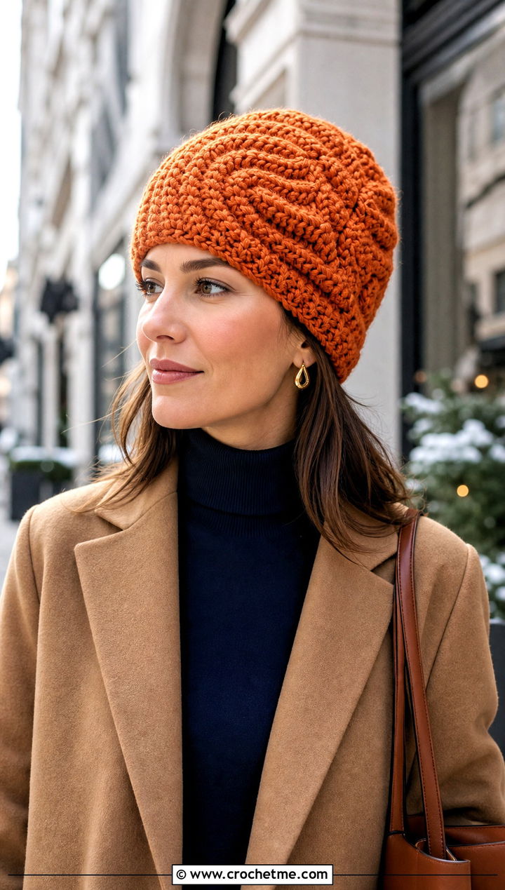 Alpine Stitch Swirl Beanie With Wool Coat - 15 crochet swirl beanie outfit ideas