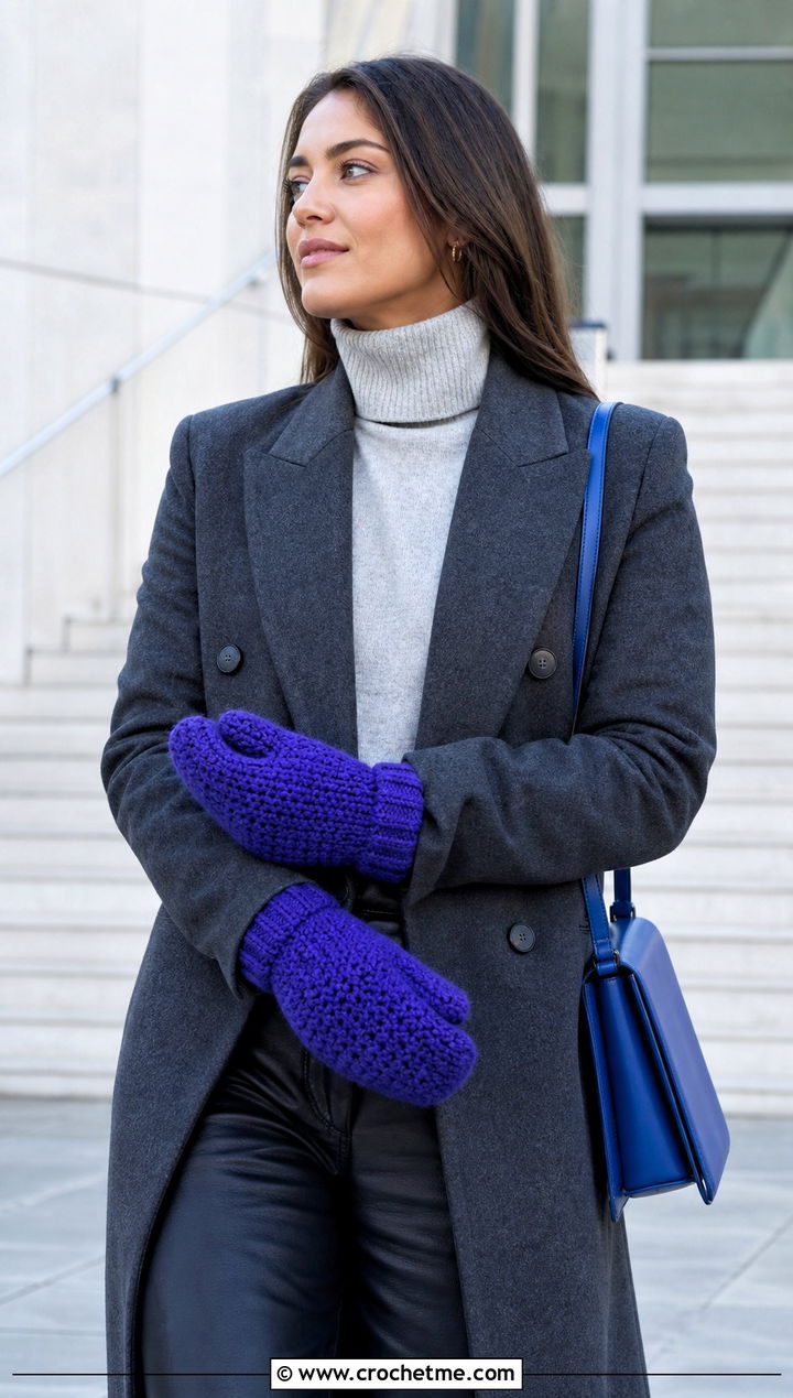 Alpine Stitch Tabi Crochet Mittens With Blazer Coat And Leather Pants - 25 Tabi Crochet Mittens outfit ideas