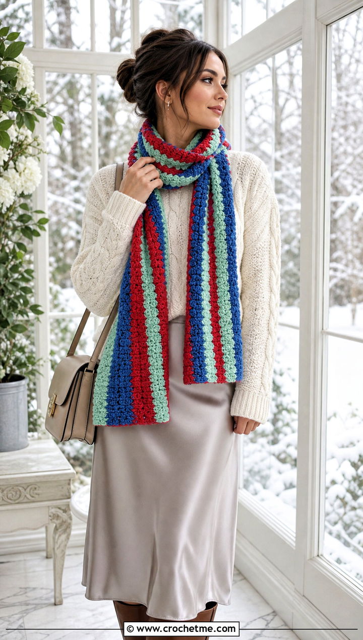 Alpine Stitch Temperature Scarf With Cable Sweater - 30 crochet temperature scarf outfit ideas