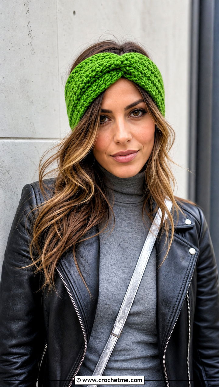 Alpine Stitch Twist Crochet Ear Warmer With Leather Jacket - 25 twist crochet ear warmer outfit ideas