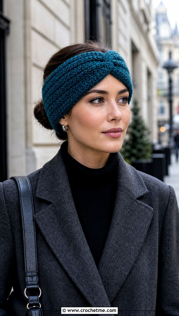 Alpine Stitch Twist Ear Warmer With Wool Coat - 25 Crochet Twist Ear Warmer outfit ideas