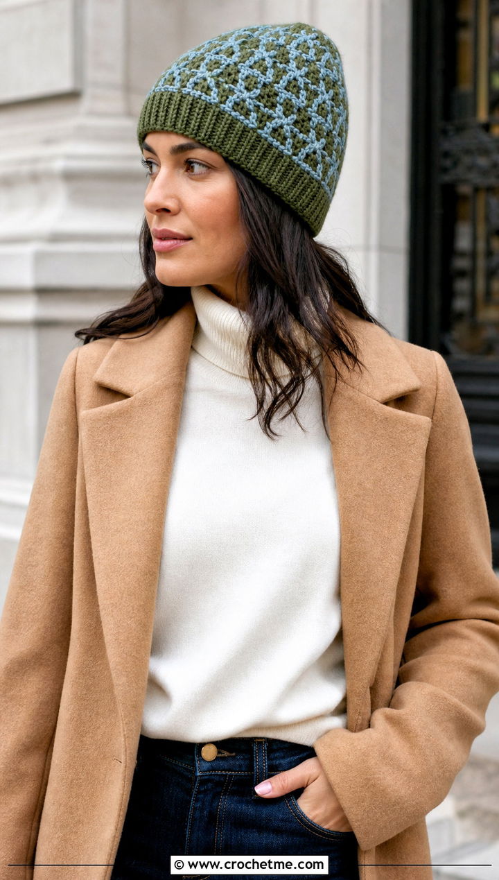 Alpine Stitch Two Color Crochet Beanie With Camel Coat - 30 2 color crochet beanie hat outfit ideas