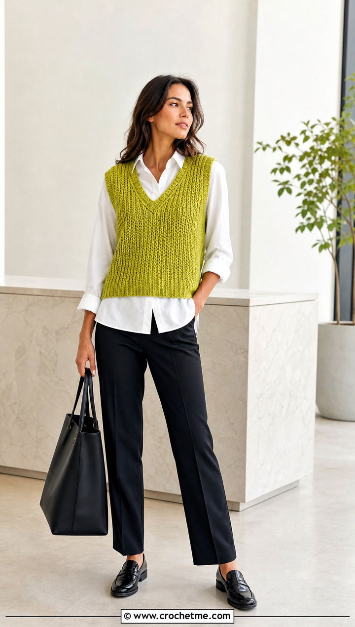 Alpine Stitch V Neck Vest Top With Button Down Shirt - 25 Alpine Stitch Crochet Top outfit ideas