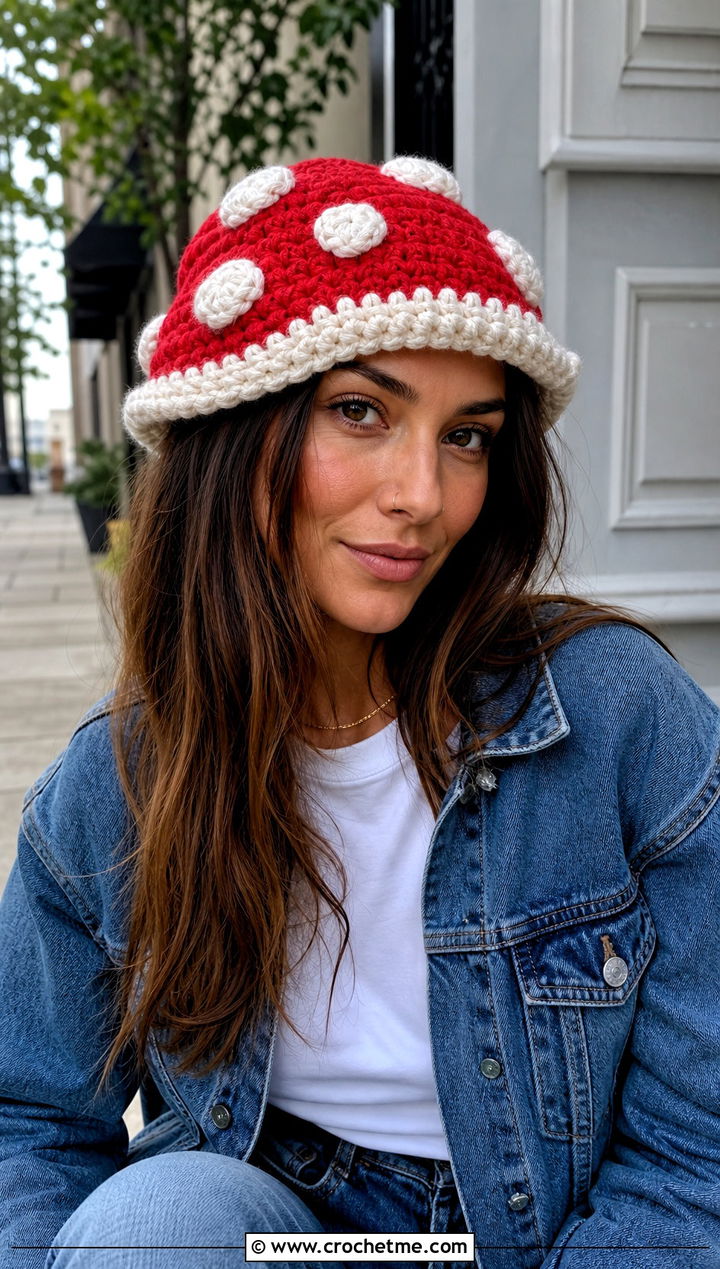 Amanita Mushroom Beanie With Denim Jacket And Jeans - 20 crochet mushroom beanie outfit ideas