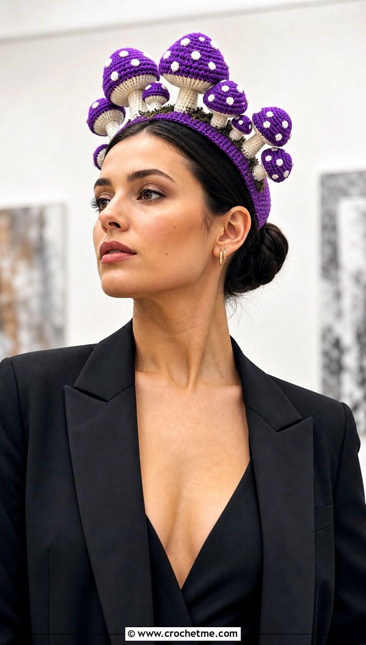 Amanita Mushroom Crown Headband With Black Jumpsuit - 25 Crochet Mushroom Headband outfit ideas