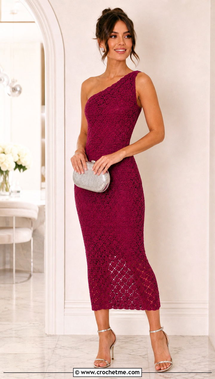 Amaranth Crochet One Shoulder Dress With Silver Heels - 35 purple crochet dress outfit ideas