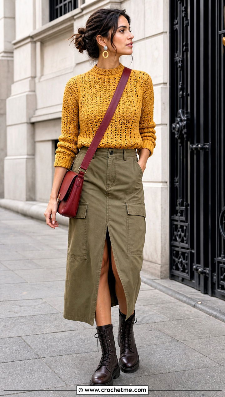 Amber Yellow Crochet Mock Neck Sweater With Utility Skirt - 30 Crochet Yellow Sweater outfit ideas