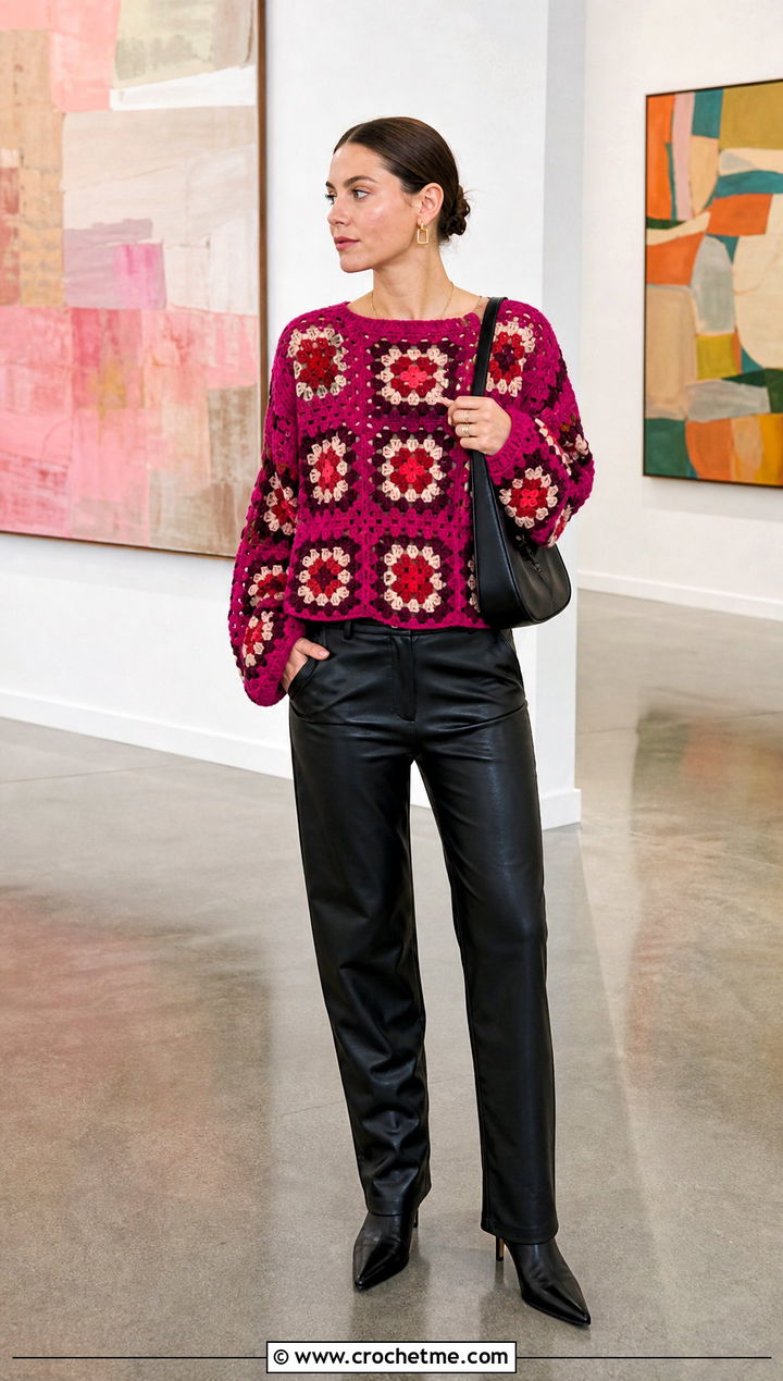 American Eagle Granny Square Crochet Sweater With Leather Pants - 15 american eagle crochet sweater outfit ideas