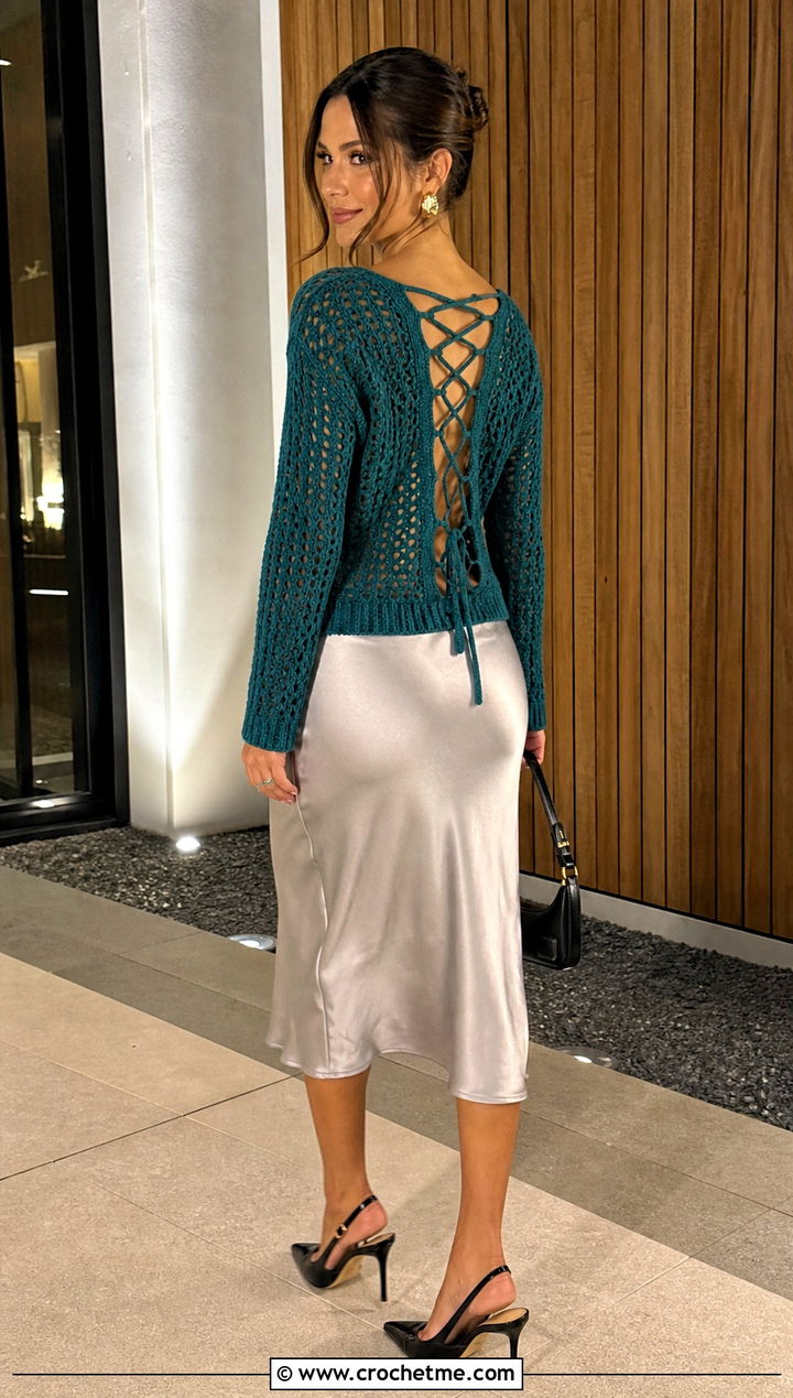American Eagle Lace Up Back Crochet Sweater With Satin Midi Skirt - 15 american eagle crochet sweater outfit ideas