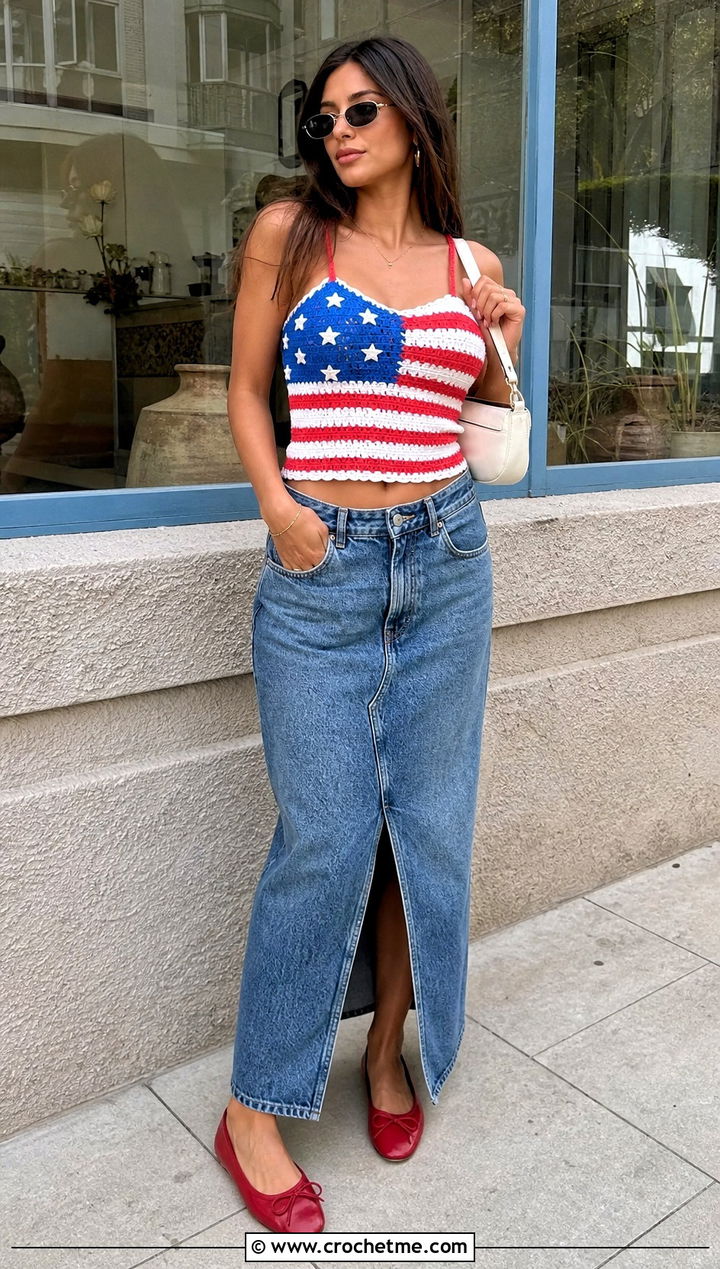 American Flag Crochet Camisole With Denim Maxi Skirt - 25 american flag crochet top outfit ideas