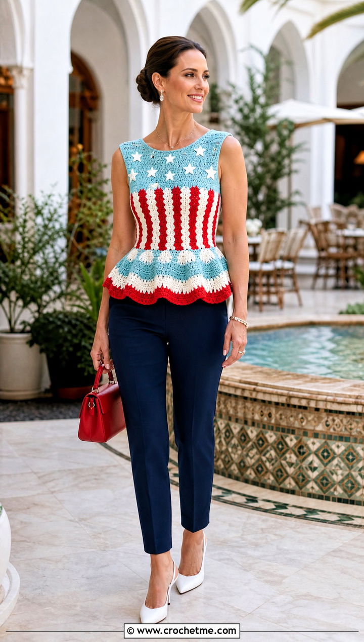 American Flag Crochet Peplum Top With Cigarette Pants - 25 american flag crochet top outfit ideas