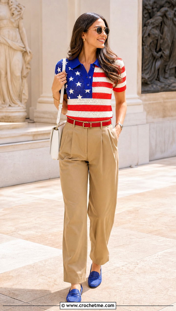 American Flag Crochet Polo Top With Pleated Trousers - 25 american flag crochet top outfit ideas
