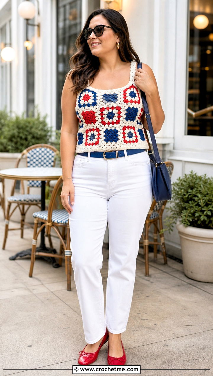 American Flag Granny Square Tank With White Jeans - 25 american flag crochet top outfit ideas
