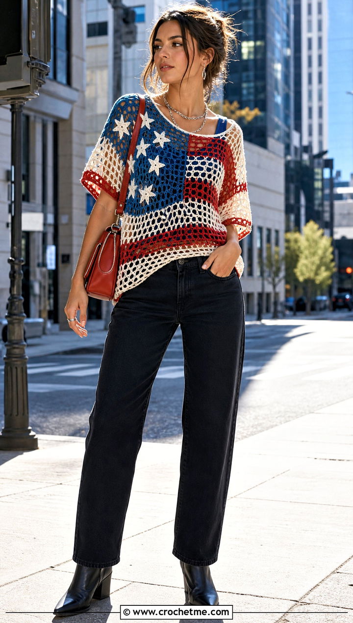 American Flag Mesh Crochet Tee With Black Jeans - 25 american flag crochet top outfit ideas