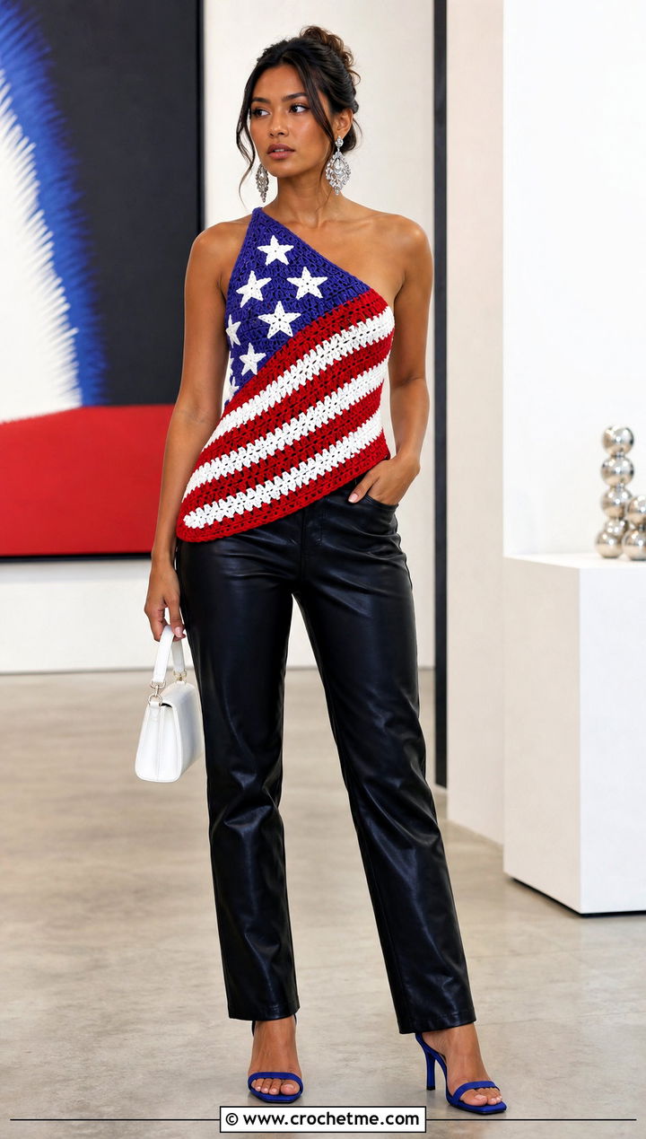 American Flag One Shoulder Crochet Top With Leather Pants - 25 american flag crochet top outfit ideas