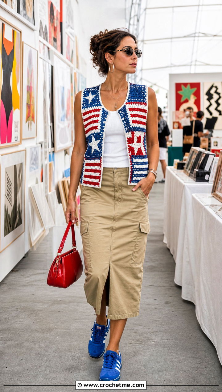 American Flag Patchwork Crochet Vest With Cargo Skirt - 25 american flag crochet top outfit ideas