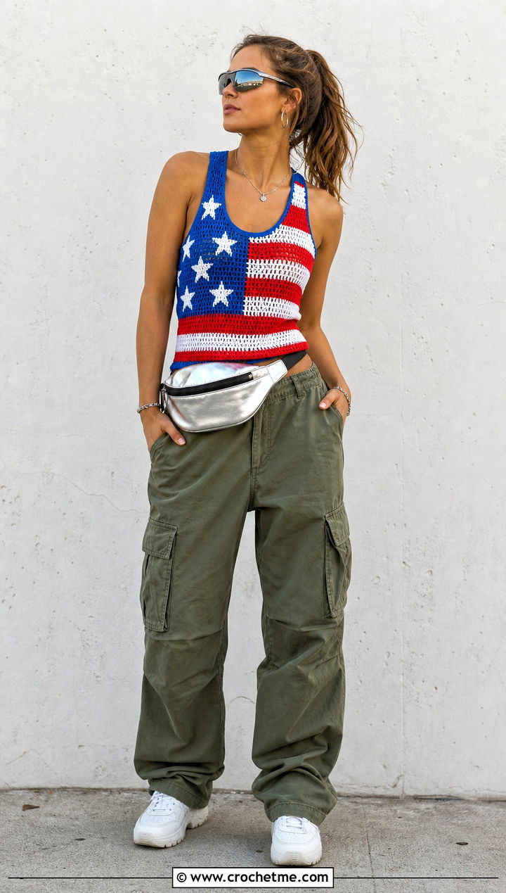American Flag Racerback Crochet Tank With Cargo Pants - 25 american flag crochet top outfit ideas