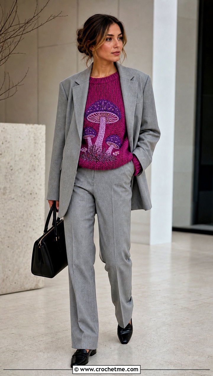 Amethyst Deceiver Mushroom Crochet Sweater With Gray Suit - 25 mushroom crochet sweater outfit ideas