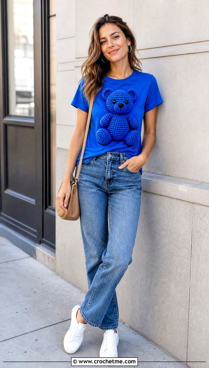 Amigurumi Bear Applique T Shirt With Straight Leg Jeans - 30 Amigurumi Shirt outfit ideas