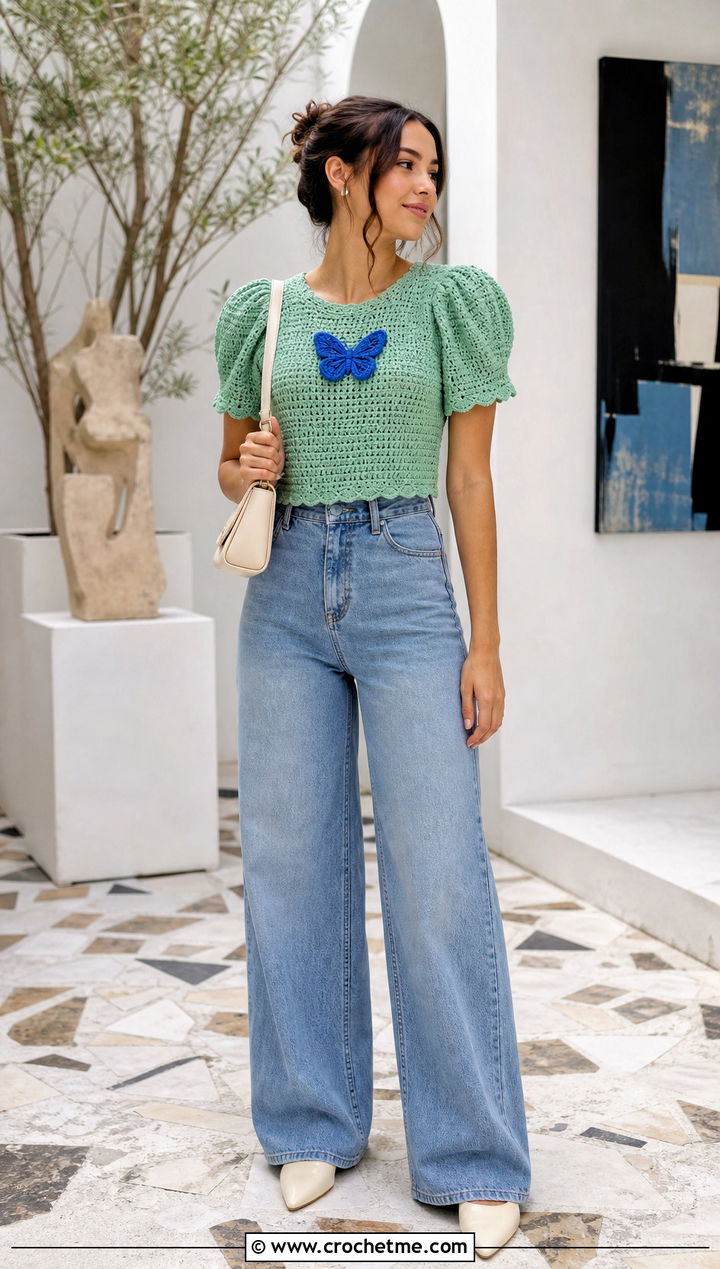 Amigurumi Butterfly Puff Sleeve Shirt With Wide Leg Jeans - 30 Amigurumi Shirt outfit ideas