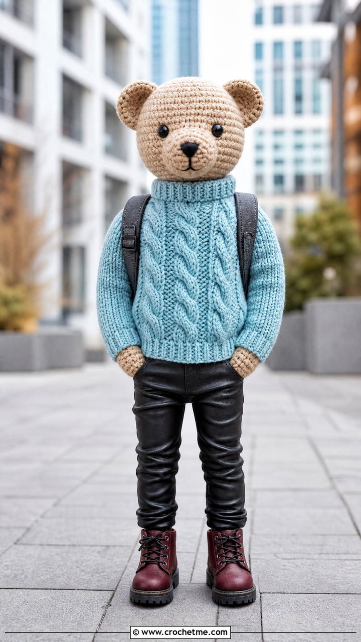 Amigurumi Cable Crochet Sweater With Leather Pants - 35 amigurumi clothes and outfit ideas