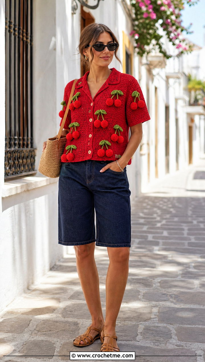 Amigurumi Cherry Camp Shirt With Denim Bermuda Shorts - 30 Amigurumi Shirt outfit ideas