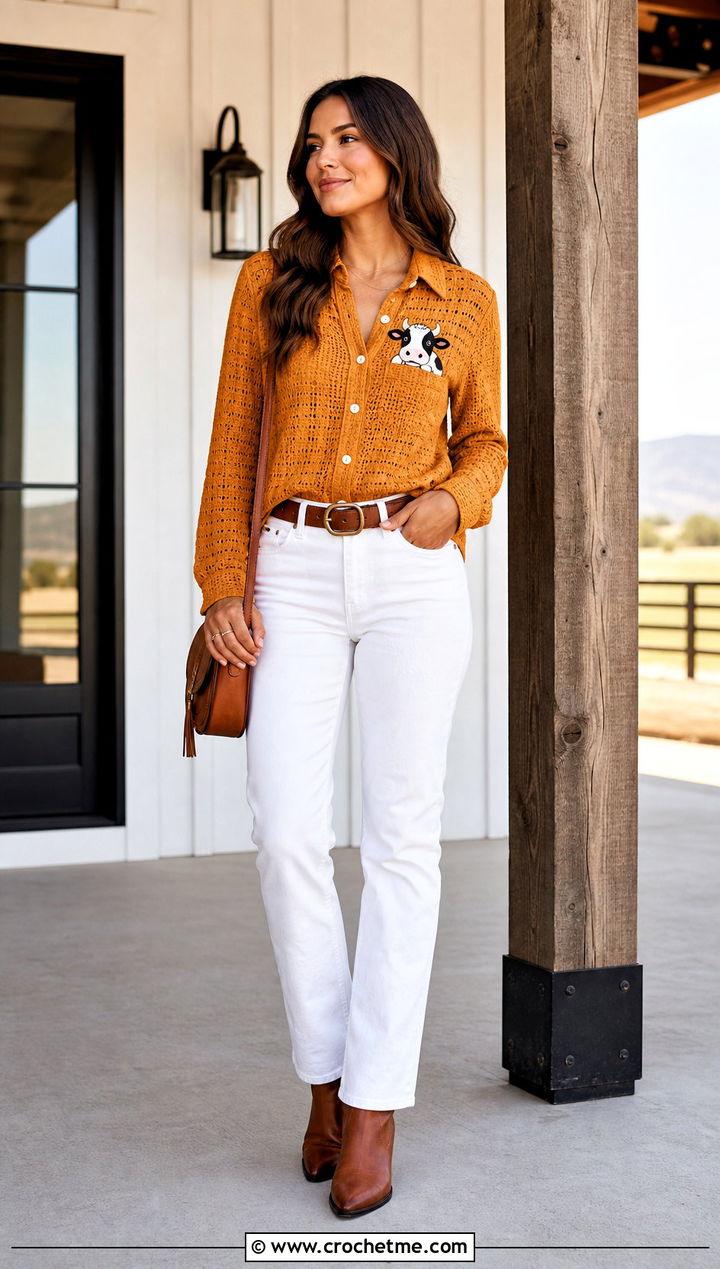 Amigurumi Cow Western Shirt With White Jeans - 30 Amigurumi Shirt outfit ideas