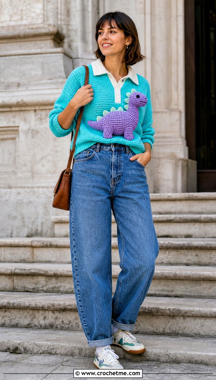 Amigurumi Dinosaur Rugby Shirt With Barrel Jeans - 30 Amigurumi Shirt outfit ideas