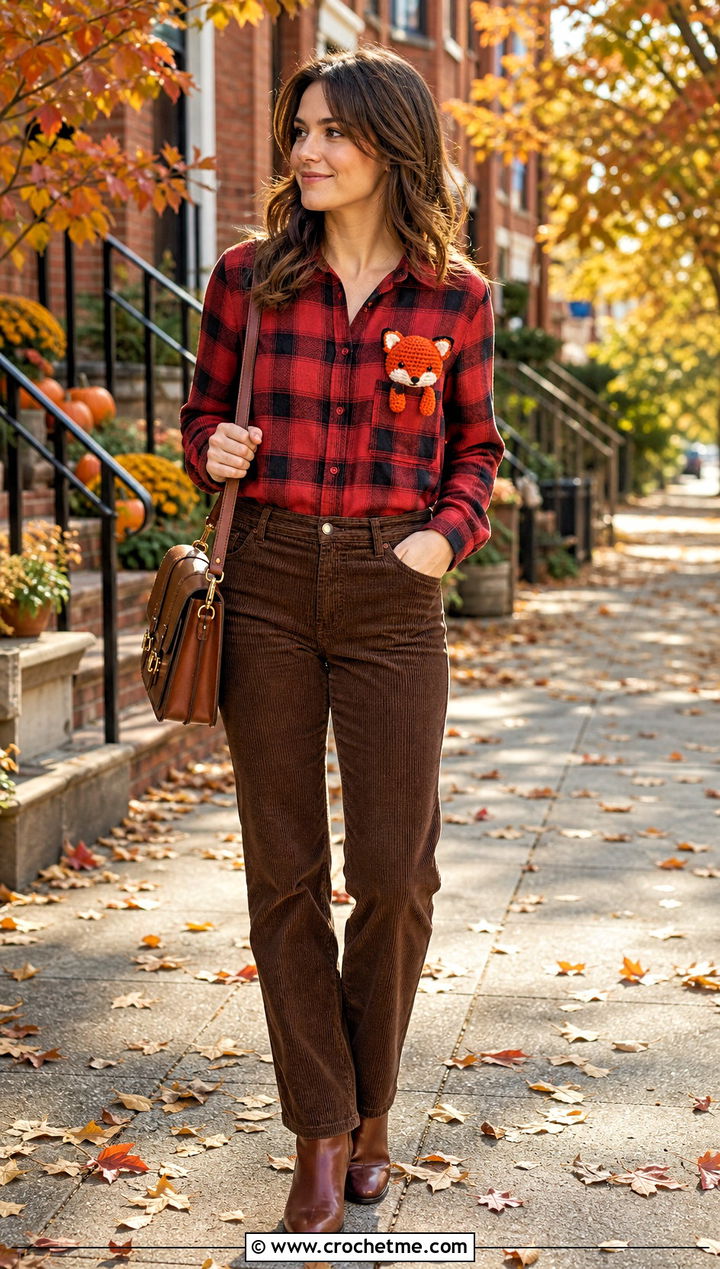 Amigurumi Fox Flannel Shirt With Corduroy Pants - 30 Amigurumi Shirt outfit ideas