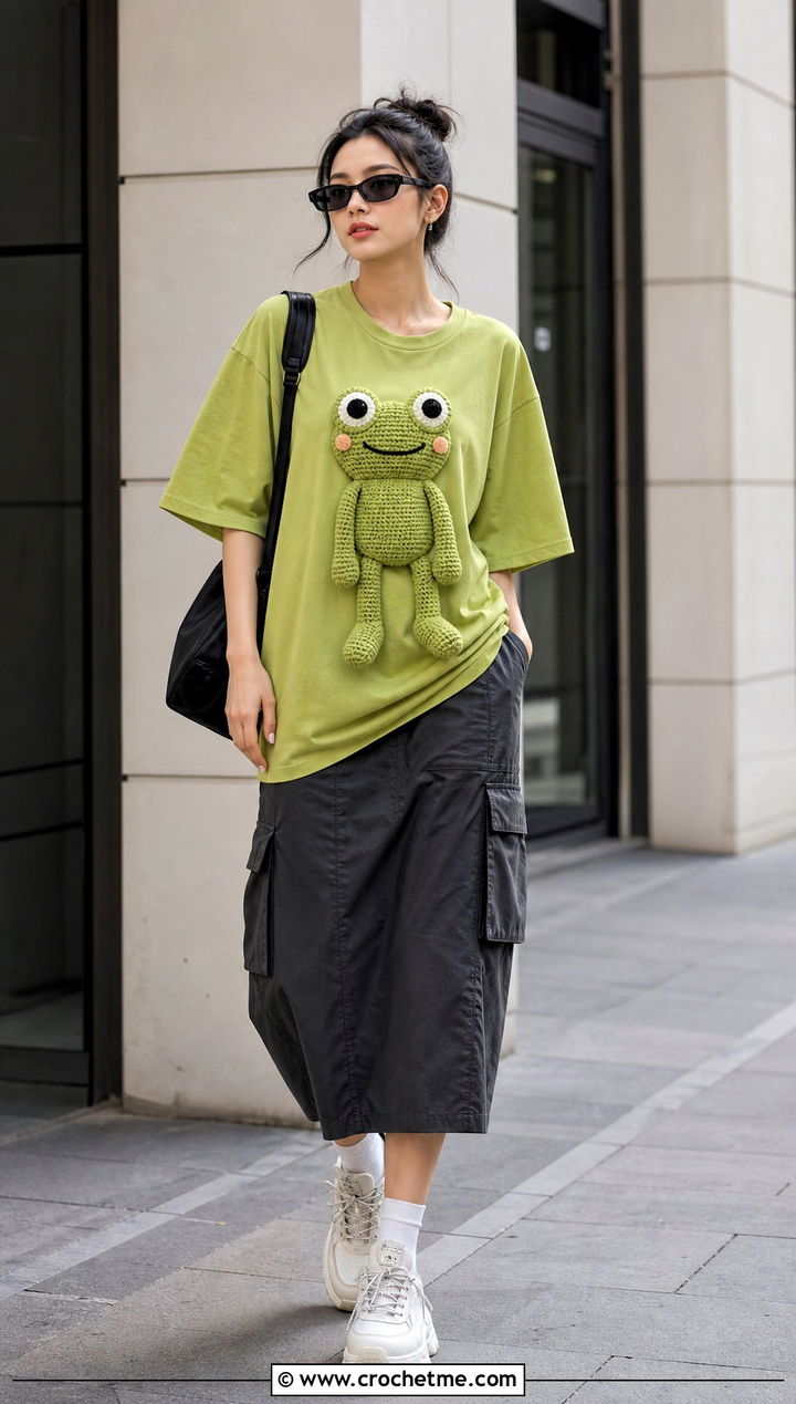 Amigurumi Frog Oversized T Shirt With Cargo Skirt - 30 Amigurumi Shirt outfit ideas