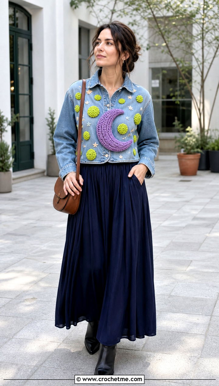 Amigurumi Moon Denim Shirt With Maxi Skirt - 30 Amigurumi Shirt outfit ideas