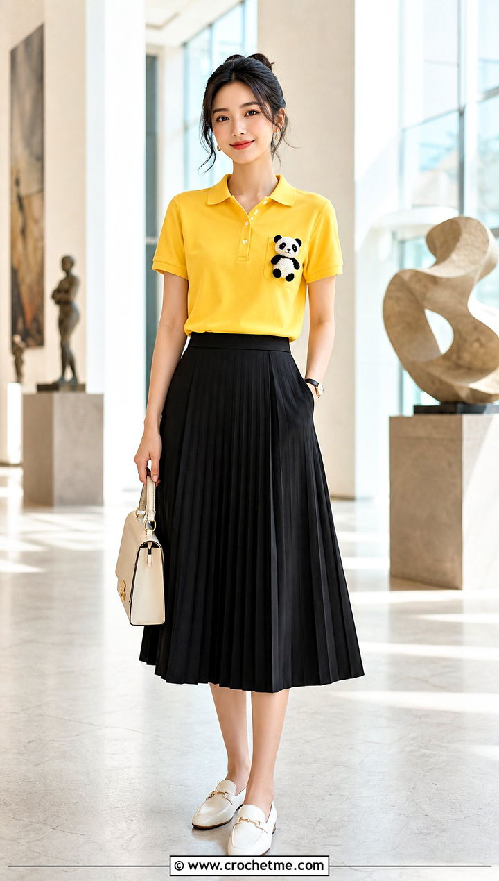 Amigurumi Panda Pocket Polo Shirt With Midi Skirt - 30 Amigurumi Shirt outfit ideas