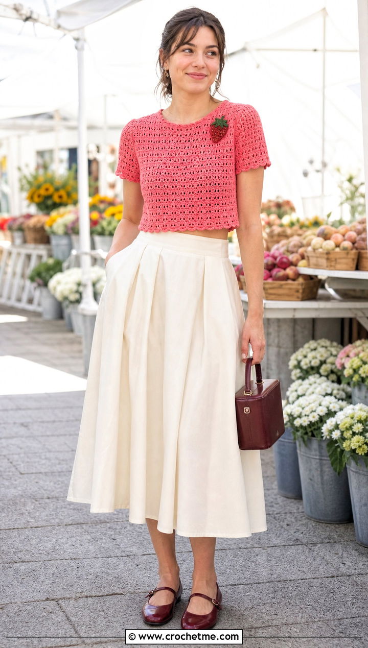 Amigurumi Strawberry Cropped Shirt With A Line Skirt - 30 Amigurumi Shirt outfit ideas