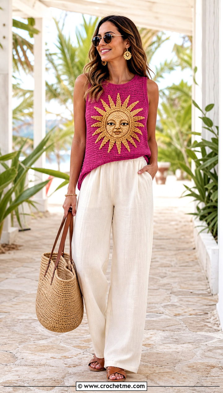 Amigurumi Sun Sleeveless Shirt With Linen Pants - 30 Amigurumi Shirt outfit ideas