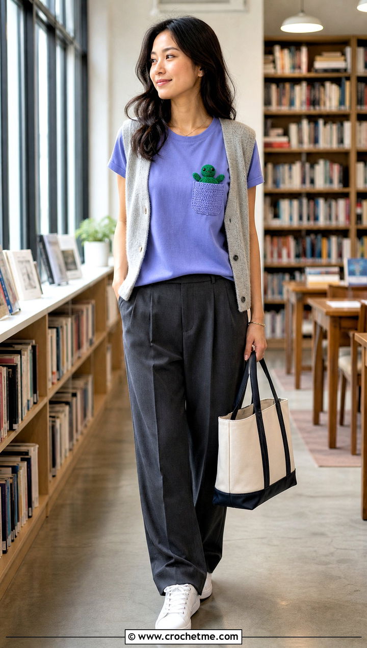 Amigurumi Turtle Pocket T Shirt With Knit Vest And Trousers - 30 Amigurumi Shirt outfit ideas