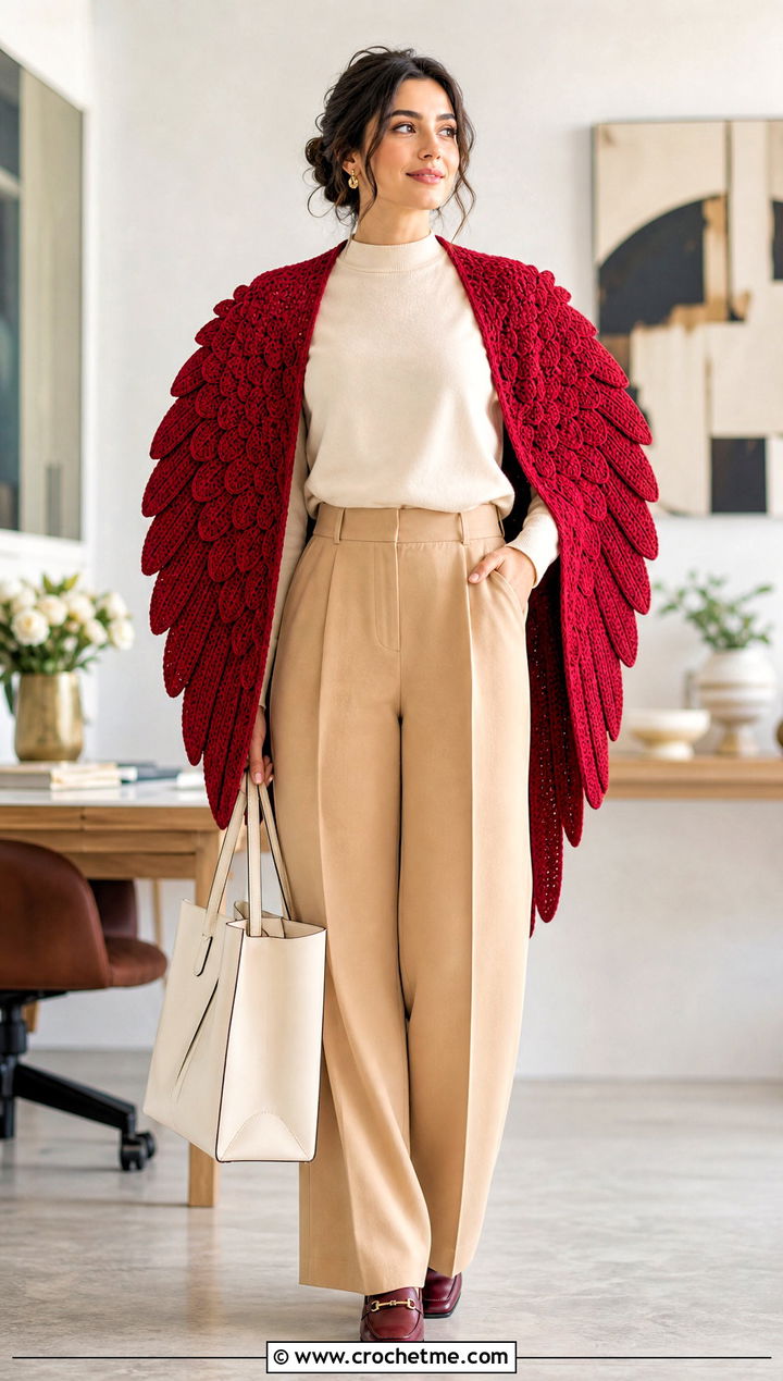 Angel Wing Shawl With Tailored Trousers - 30 Crochet Wing Shawl outfit ideas