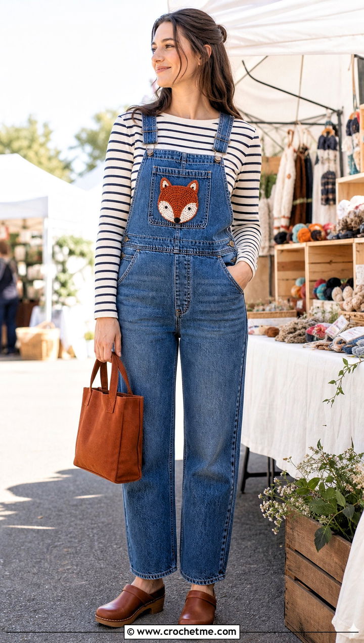 Animal Crochet Patch Overalls Outfit - 30 crochet patches on clothes and outfit ideas